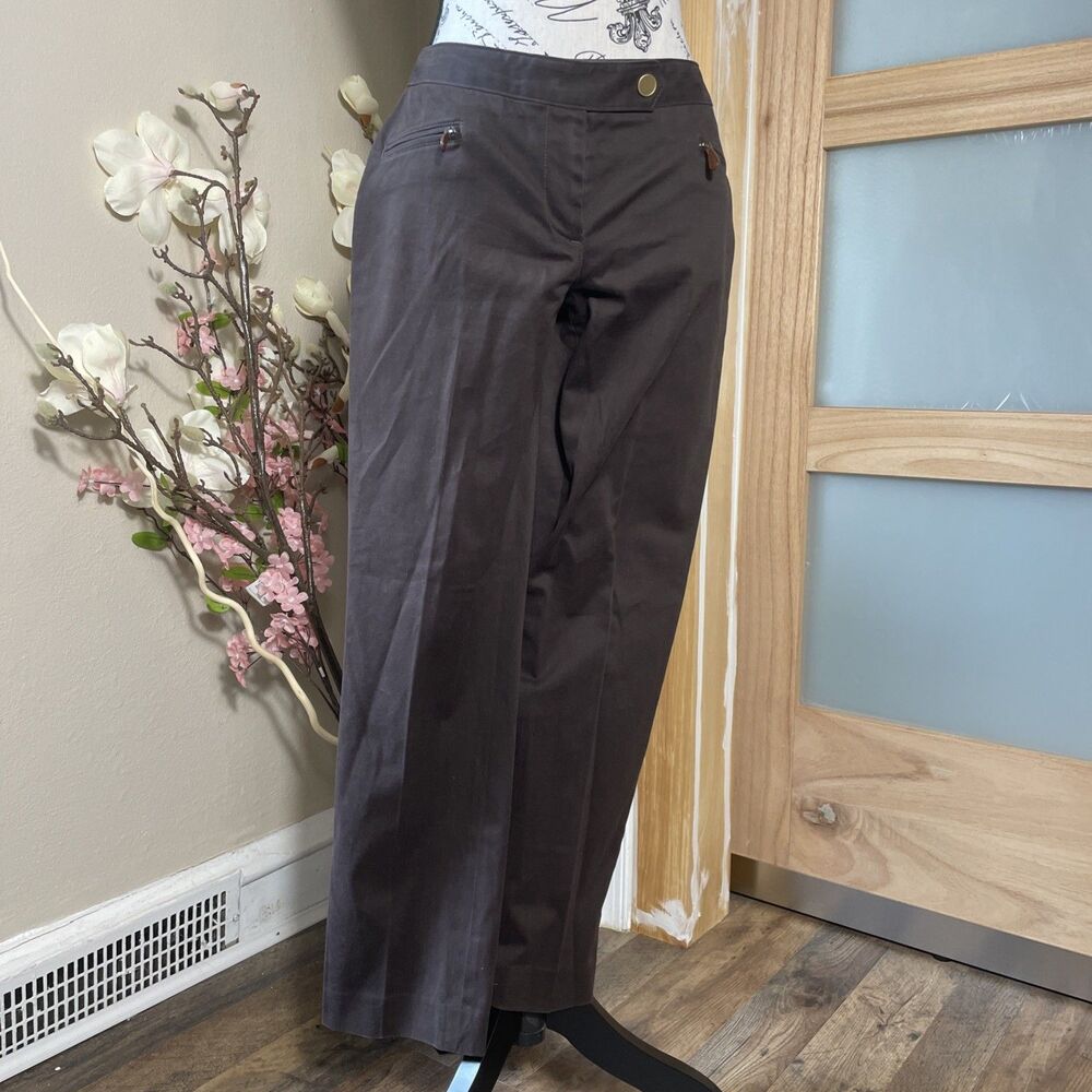 Talbots Pants Women's 4P Brown Stretch Faux Leather Trim Slacks Office Career